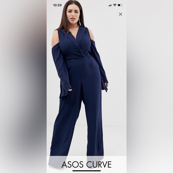 ASOS Curve clean tux cold shoulder tie waist jumpsuit - Picture 1 of 4
